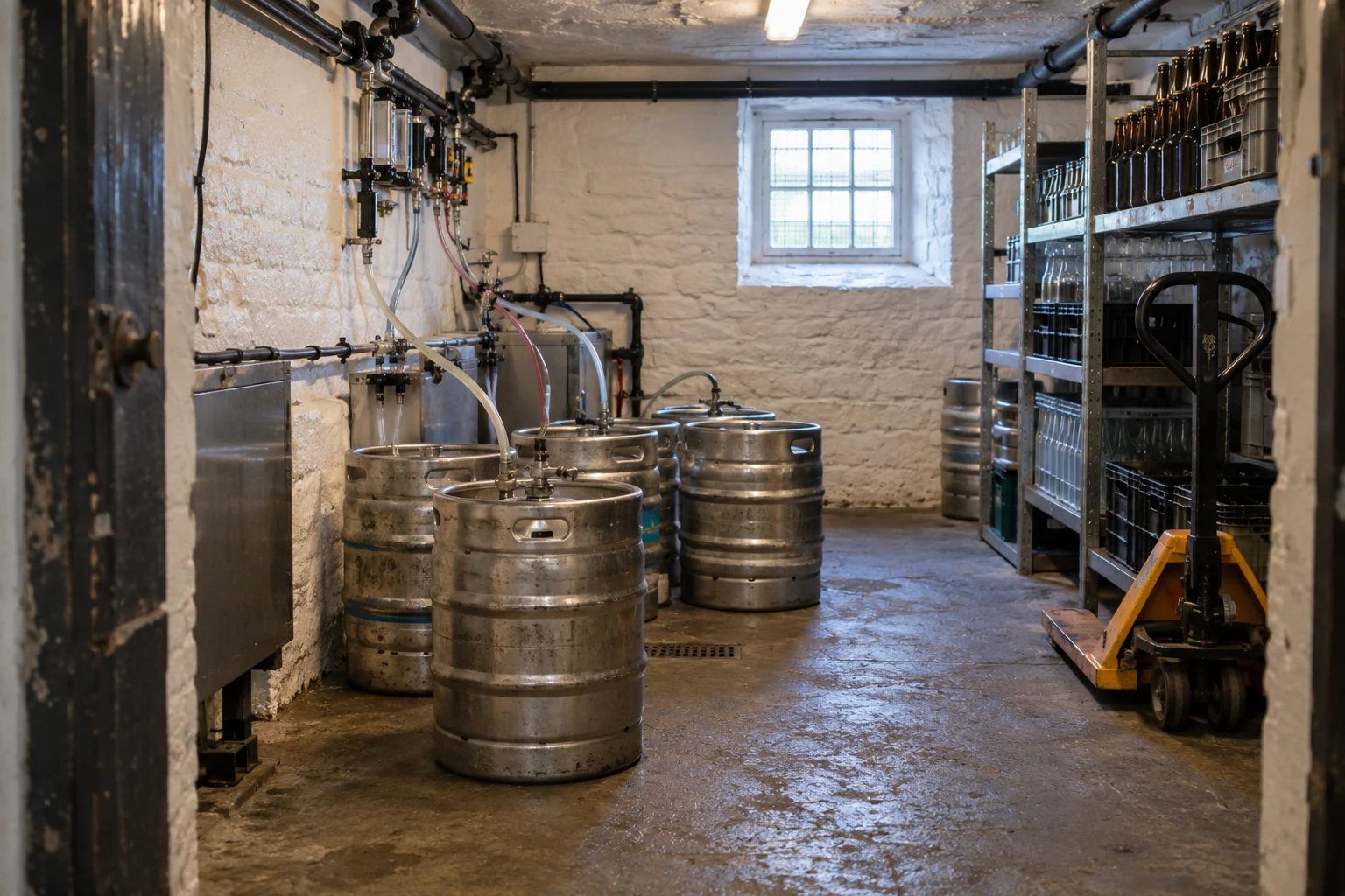 Steel beer kegs and drinks crates in a stock area