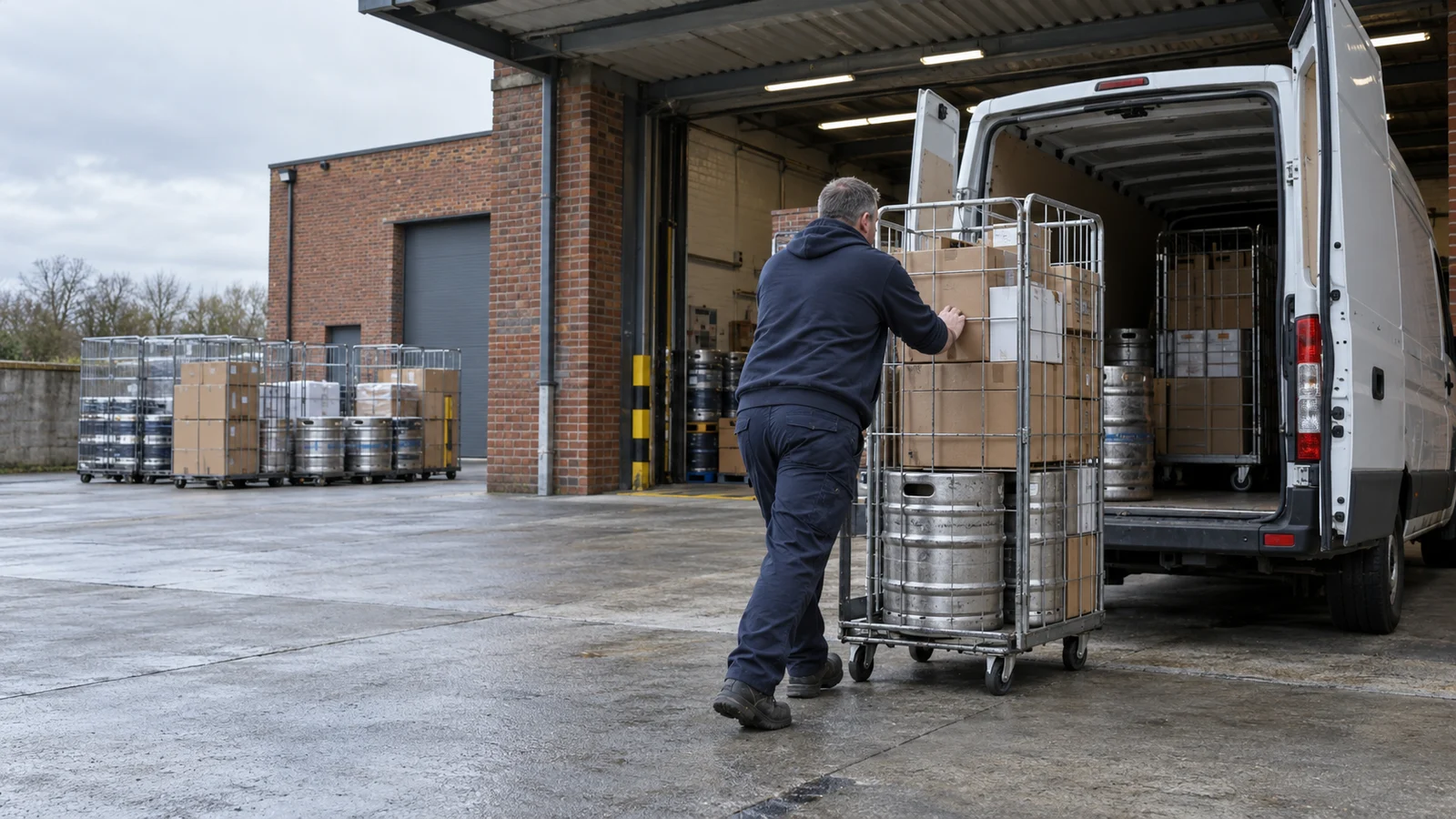 Drinks depot loading bay with a delivery van and roll cage