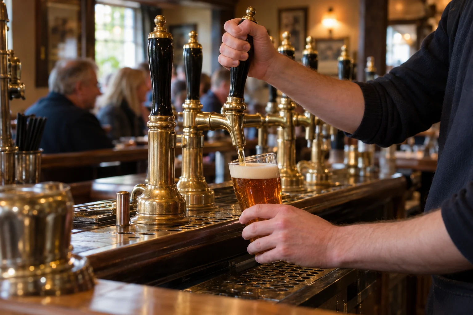 Pub bar with beer taps and a pint being poured